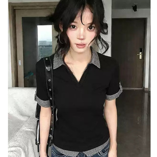 VM-Áo Kiểu Dáng ôm Sát Cổ Bẻ Họa Tiết Kẻ Caro, Tay Ngắn, Dành Cho Nữ.