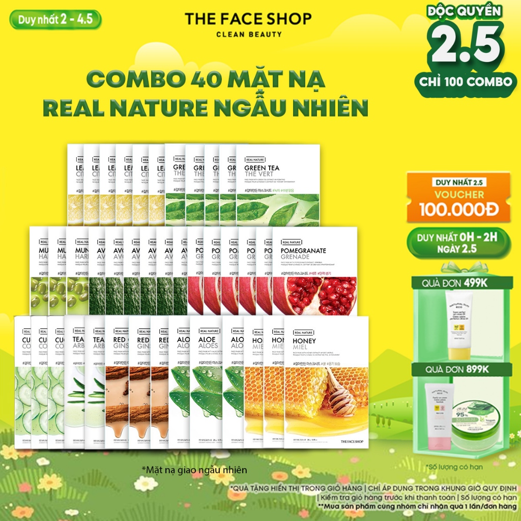 [ĐỘC QUYỀN 2.5] Combo 40 Mặt Nạ Dưỡng Ẩm THE FACE SHOP Real Nature 20g (mix nhiều loại)