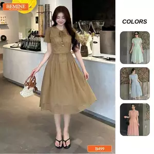 Đầm thiết kế BEMINE cổ tròn có dây nơ dáng chữ A xòe phù hợp đi chơi-B499