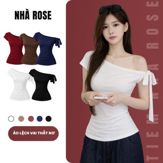 Áo Kiểu Nữ Lệch Vai Cột Nơ Chất Vải Thun Cotton WAK017