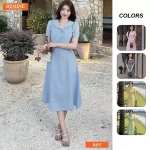 Đầm thiết kế BEMINE cổ thủy thủ đính nơ caro dáng chữ A phù hợp đi làm, đi chơi-B497