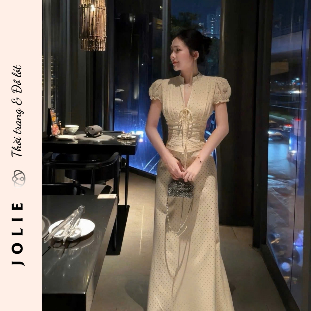 Váy Maxi JOLIE Cổ Trụ Thắt Dây Họa Tiết Chấm Bi Tay Bồng Cao Cấp