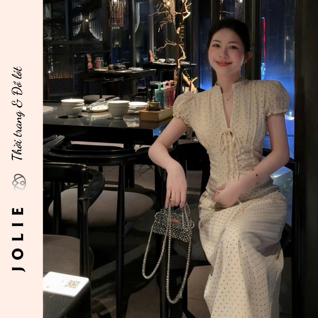 Váy Maxi JOLIE Cổ Trụ Thắt Dây Họa Tiết Chấm Bi Tay Bồng Cao Cấp