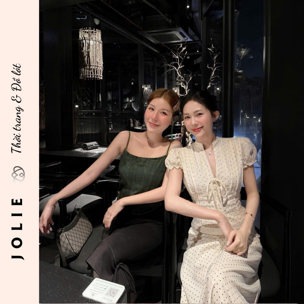 Váy Maxi JOLIE Cổ Trụ Thắt Dây Họa Tiết Chấm Bi Tay Bồng Cao Cấp