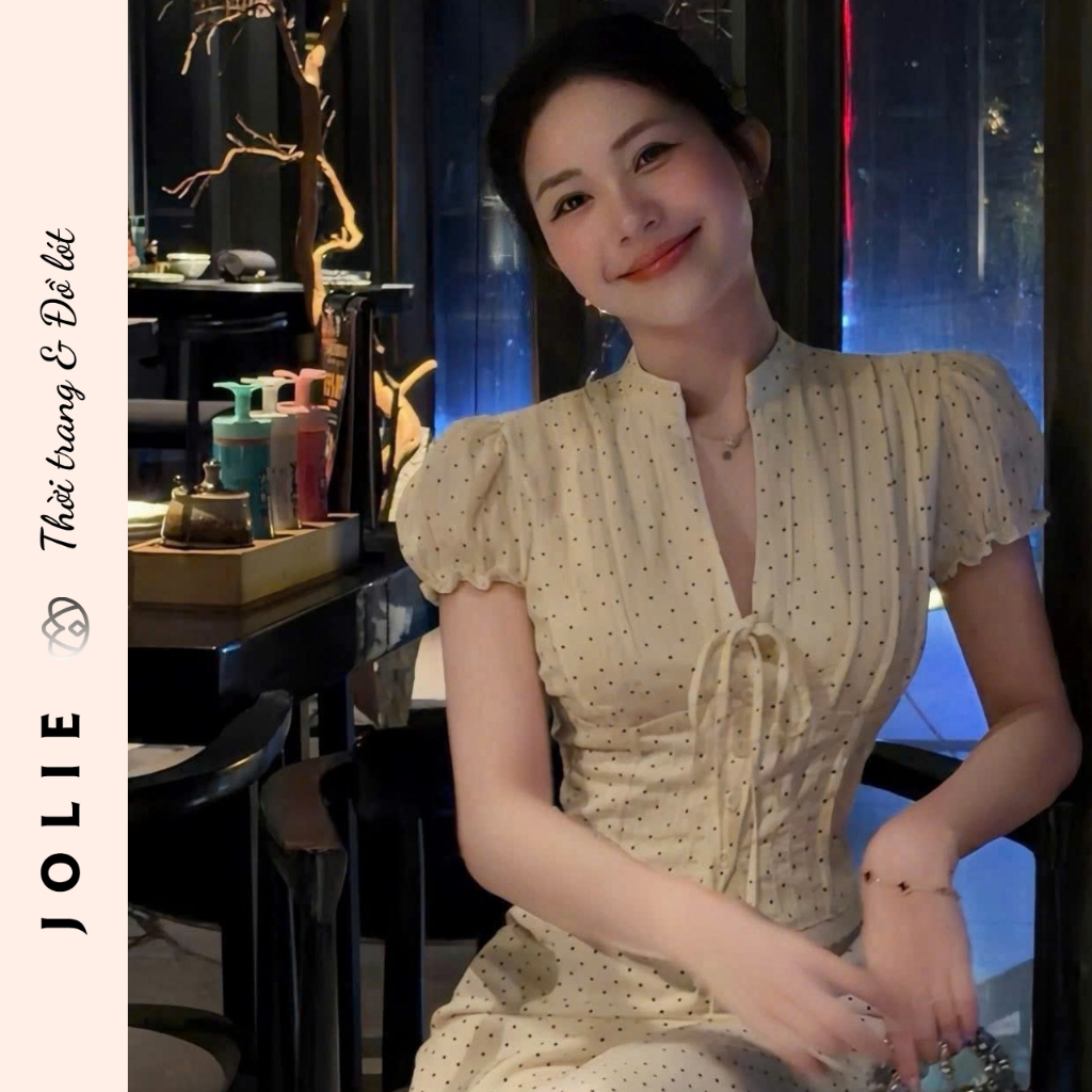 Váy Maxi JOLIE Cổ Trụ Thắt Dây Họa Tiết Chấm Bi Tay Bồng Cao Cấp