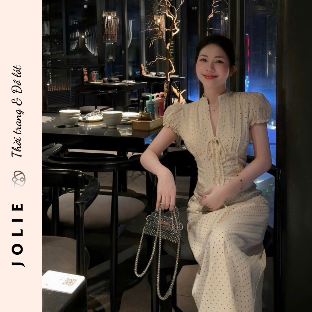 Váy Maxi JOLIE Cổ Trụ Thắt Dây Họa Tiết Chấm Bi Tay Bồng Cao Cấp