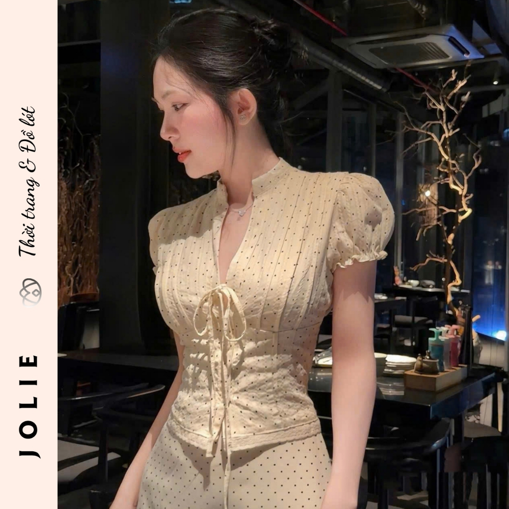 Váy Maxi JOLIE Cổ Trụ Thắt Dây Họa Tiết Chấm Bi Tay Bồng Cao Cấp