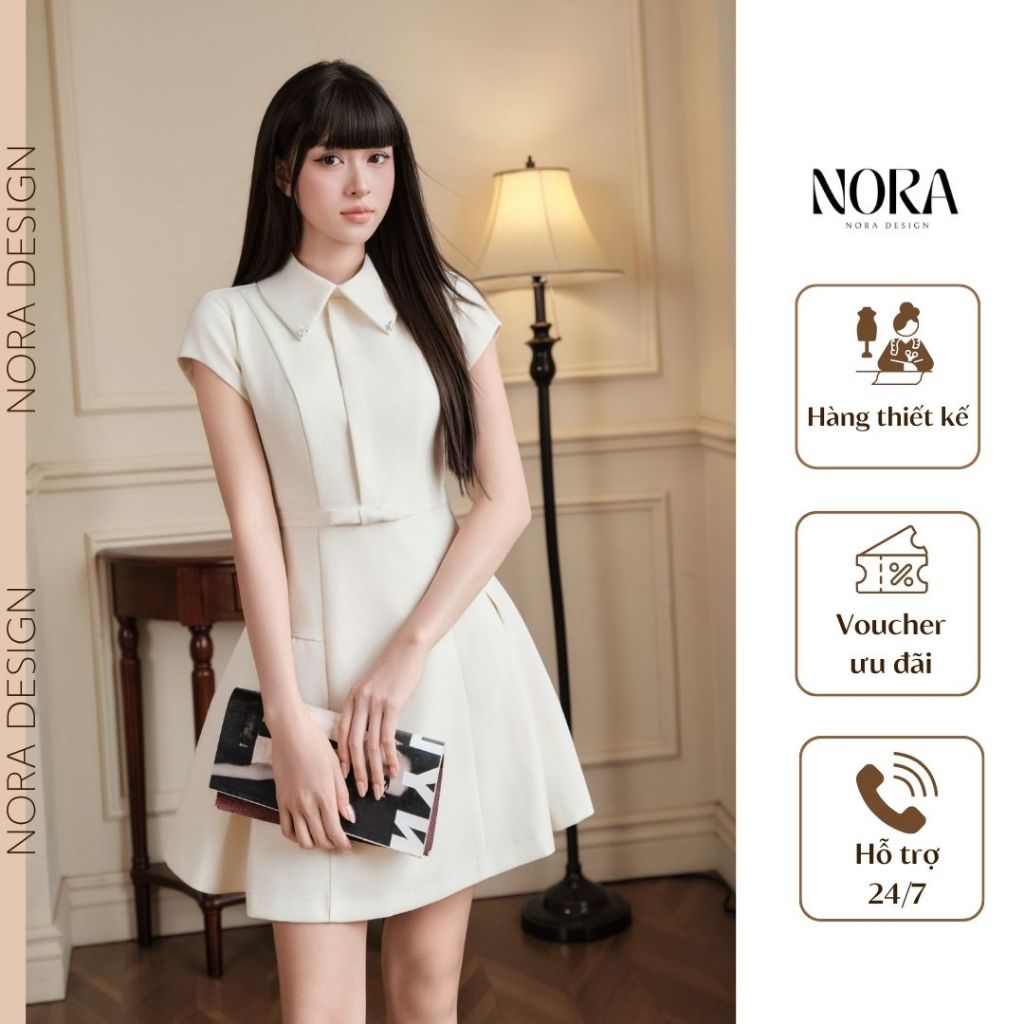 Đầm Công Sở Thiết Kế NORA, Váy Cổ Đức Tay Hến Dáng Xòe Xếp Ly Chất Đũi Linen Vân Xương Cá Cao Cấp T500
