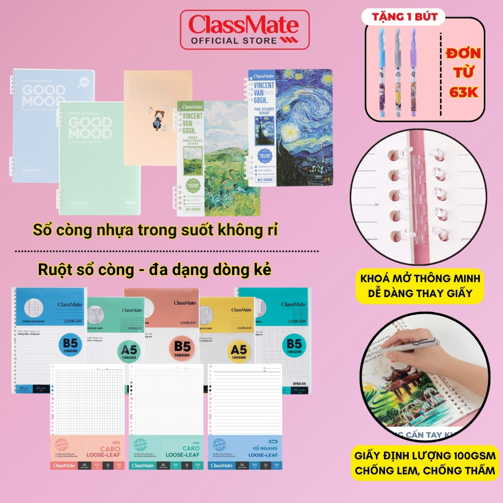 [Tặng Bút] Sổ Còng Classmate Binder Còng Nhựa Không Rỉ A5 B5 Ruột Giấy Refill 100GSM Kẻ Ngang/Caro/Chấm Sổ Van Gogh