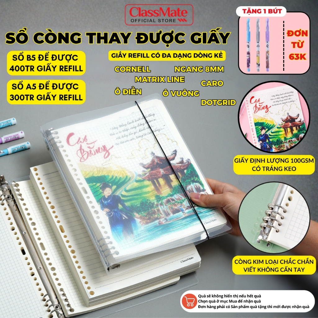 [Tặng 1 Bút] Sổ Còng Binder A5 B5 Chứa Được 150/200 Tờ Giấy Refill 100GSM Có Trang Keo Kẻ Ngang Caro Còng Kim Loại 2 Đầu