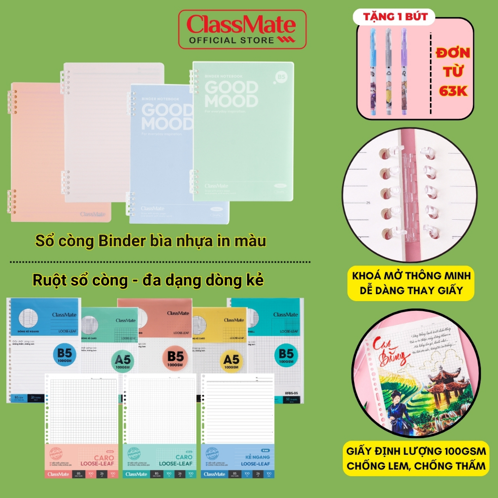 [Tặng Bút] Sổ Còng Classmate Binder 100GSM Còng Nhựa 2 Đầu Không Gỉ A5 B5 Giấy Refill Kẻ Ngang Caro Chấm Cornell 16-009