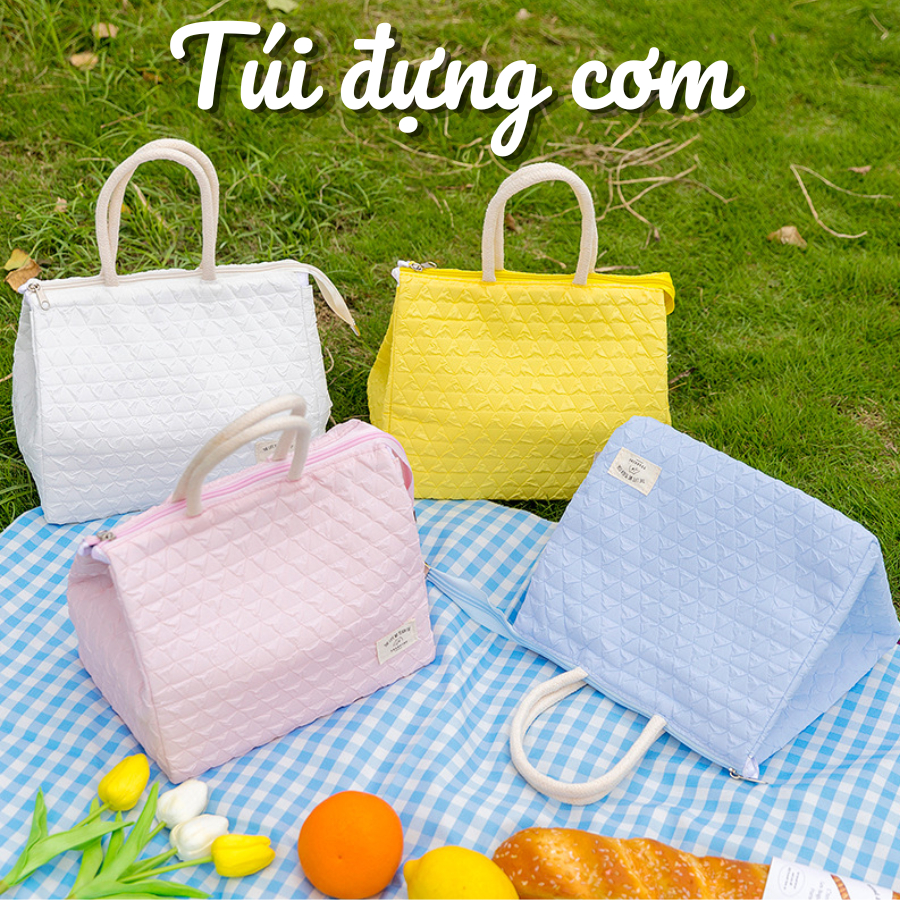 Túi Đựng Cơm Giữ Nhiệt Chống Nước, Túi Giữ Nhiệt Mini Xinh Xắn Họa Tiết Trám Ô, Mang Đồ Ăn Tiện Lợi