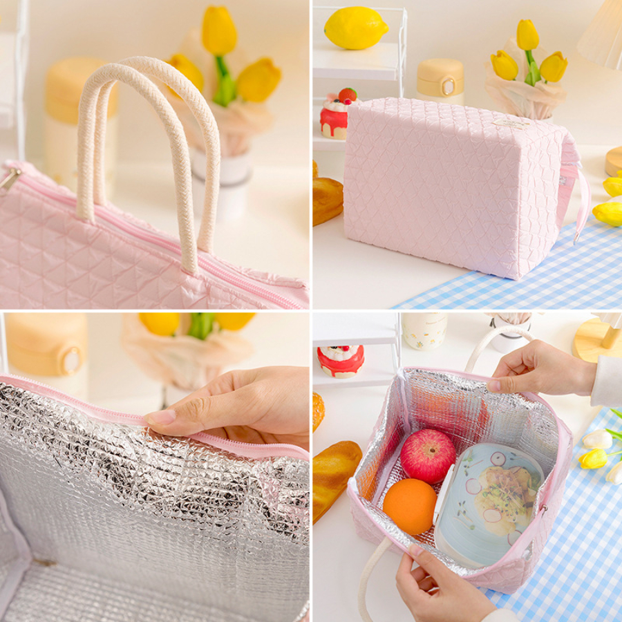 Túi Đựng Cơm Giữ Nhiệt Chống Nước, Túi Giữ Nhiệt Mini Xinh Xắn Họa Tiết Trám Ô, Mang Đồ Ăn Tiện Lợi
