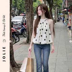 Áo Kiểu JOLIE Cổ Yếm Họa Tiết Chấm Bi Dáng Suông Bo Gấu Cao Cấp
