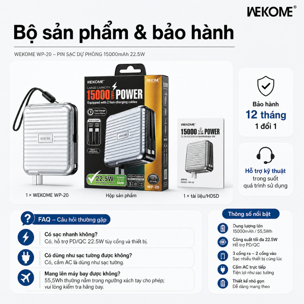 WEKOME WP-20 15.000mAh – Power bank + sạc tường AC, PD/QC 22.5W, cáp Type-C/I, màn hình hiển thị