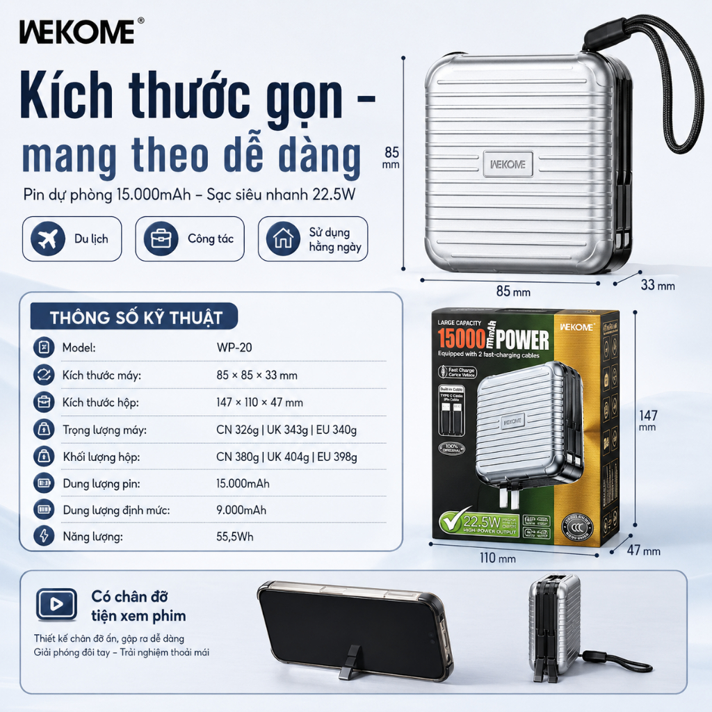 WEKOME WP-20 15.000mAh – Power bank + sạc tường AC, PD/QC 22.5W, cáp Type-C/I, màn hình hiển thị