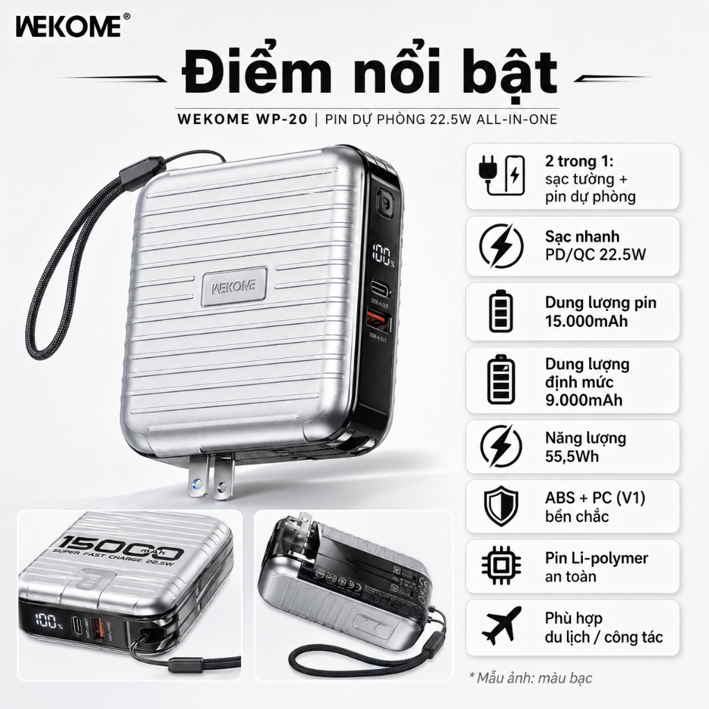 WEKOME WP-20 15.000mAh – Power bank + sạc tường AC, PD/QC 22.5W, cáp Type-C/I, màn hình hiển thị