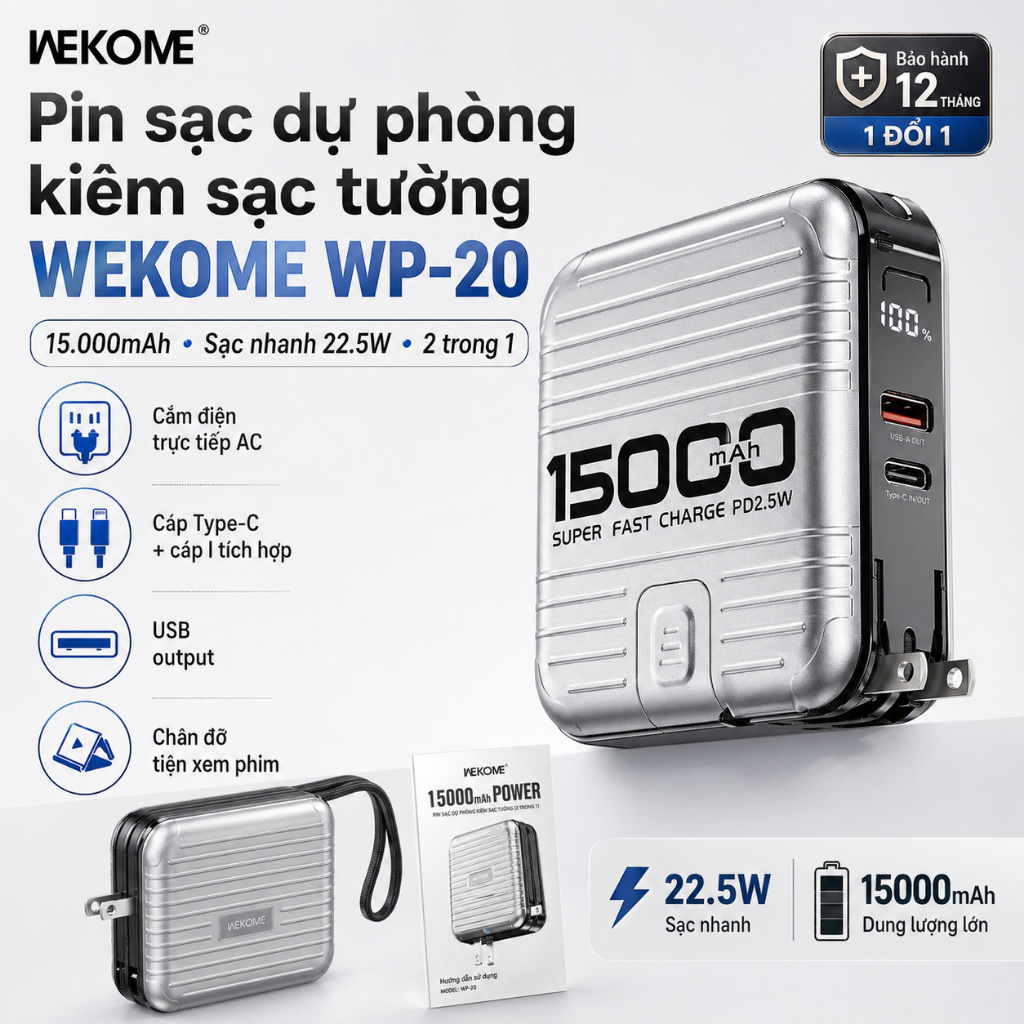 WEKOME WP-20 15.000mAh – Power bank + sạc tường AC, PD/QC 22.5W, cáp Type-C/I, màn hình hiển thị