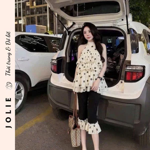 Set Áo Cổ Yếm Tầng Phối Quần Lửng JOLIE Họa Tiết Chấm Bi Sang Trọng