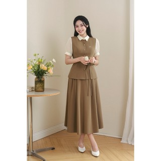Áo Kiểu Nữ Sơ Mi LAMER FASHION Ngắn Tay Nơ Eo Phối Tay Phối Chân Váy Công Sở Xoè Chun Sau HSD O61H26H010 O62L26Q006