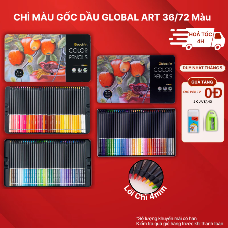 [Tặng Quà] Bút Chì Màu Gốc Dầu 36/71 Màu Global Art Hộp Thiếc Lõi Chì 4mm Màu Sắc Đậm Mịn Dễ Blend M