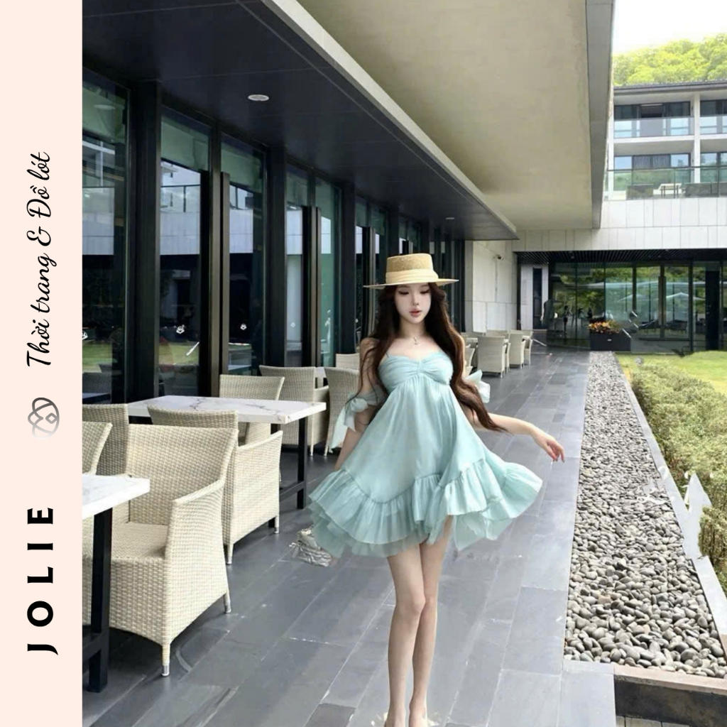 Váy Hai Dây JOLIE Phối Voan Tơ Bèo Nhún Dáng Suông Cao Cấp