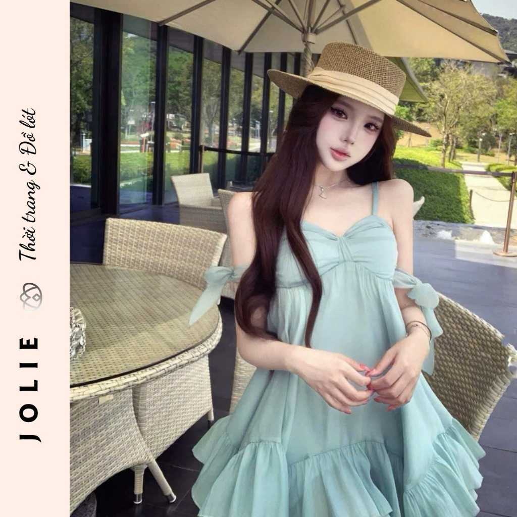 Váy Hai Dây JOLIE Phối Voan Tơ Bèo Nhún Dáng Suông Cao Cấp