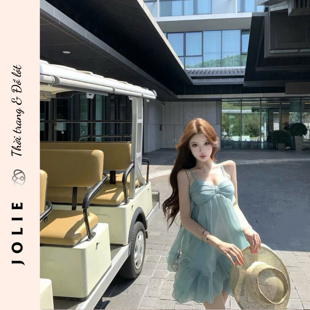 Váy Hai Dây JOLIE Phối Voan Tơ Bèo Nhún Dáng Suông Cao Cấp