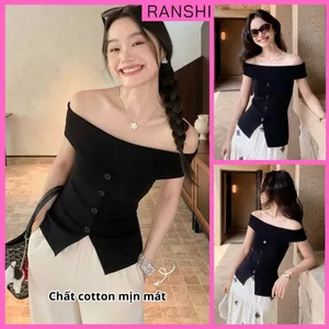 Áo Trễ Vai Tay Ngắn Phối Cúc Giả Ôm Body RANSHI Vải Cotton Mịn Mát Tôn Dáng Phong Cách Hàn Quốc - RA362