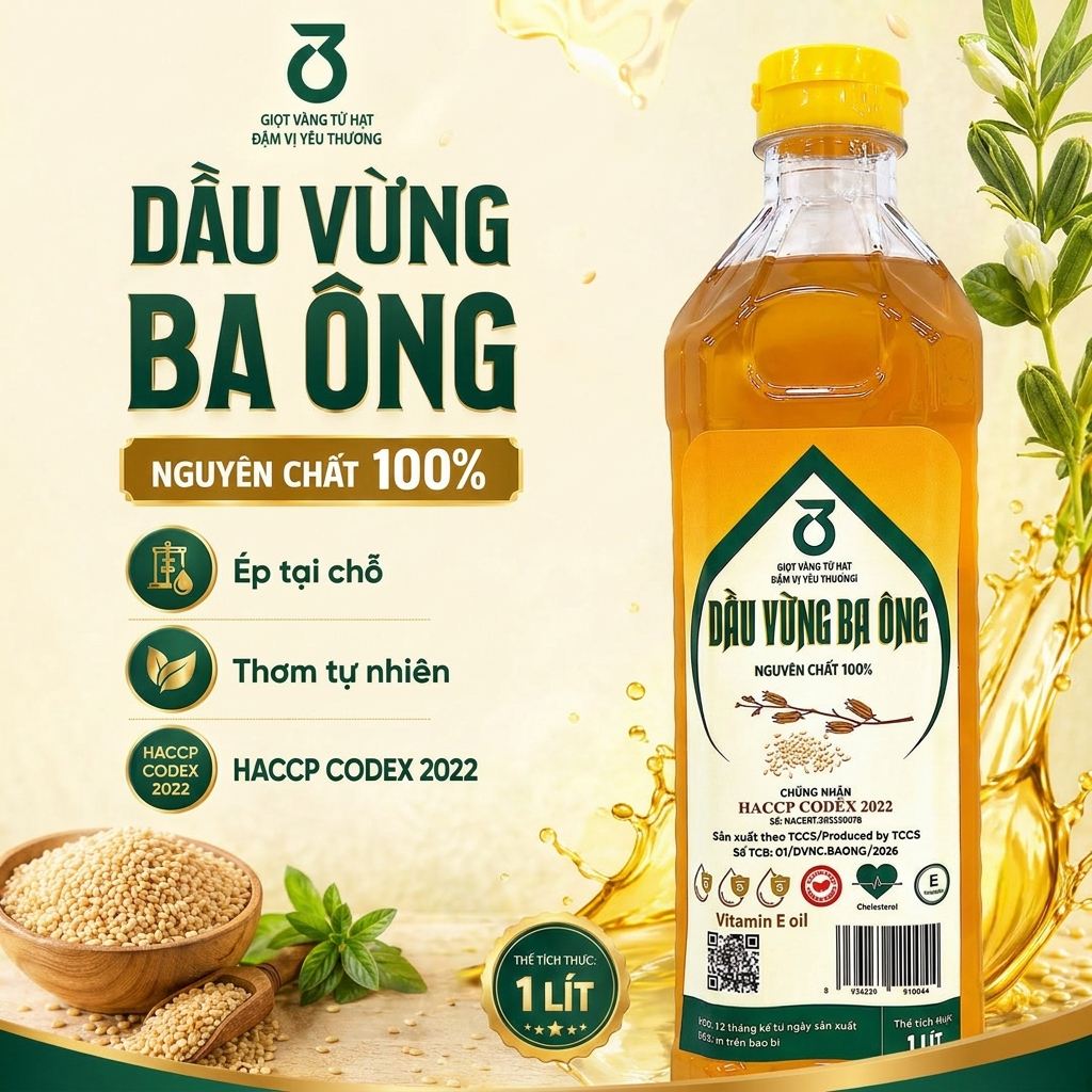 1L Dầu Vừng Nguyên Chất 100%/ Dầu Mè Nguyên Chất BA ÔNG, Đạt Chứng Nhận HACCP Codex 2022, Không Chất Bảo Quản