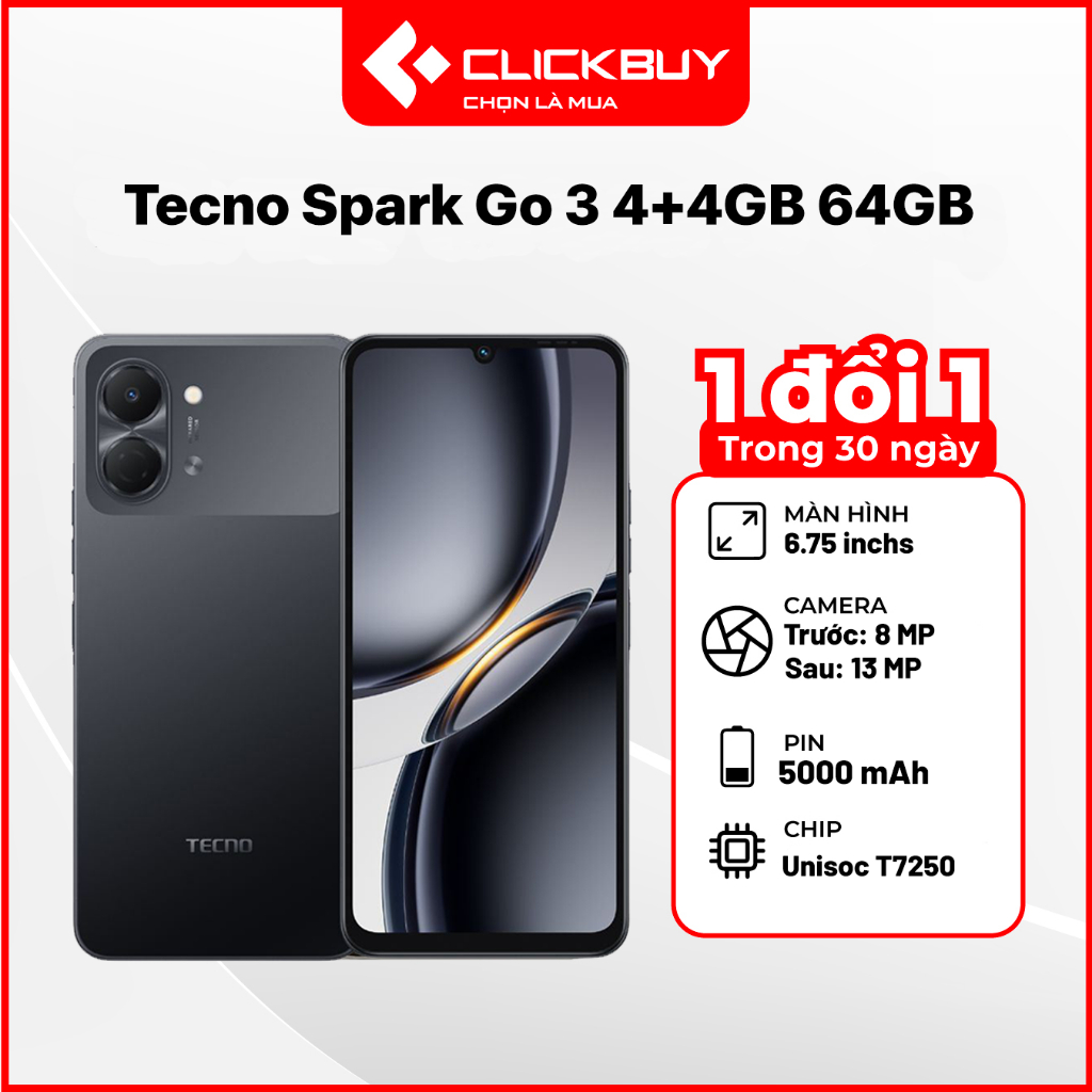 Điện Thoại Tecno Spark Go 3 RAM 4GB+4GB Bộ Nhớ 64GB Chip Unisoc T7250 120Hz Pin 5000mAh Freelink