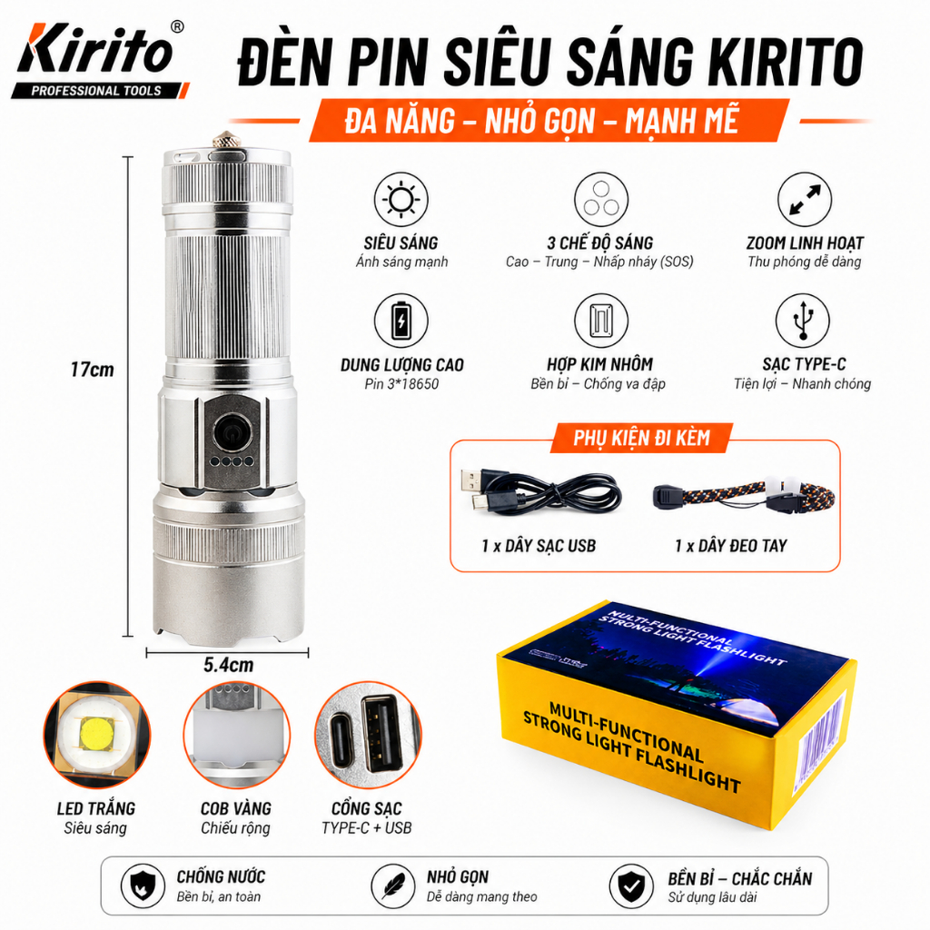 Đèn pin Kirito 15W – Đèn pin sạc, chiếu sáng cầm tay, chống nước IP66, nhiều chế độ