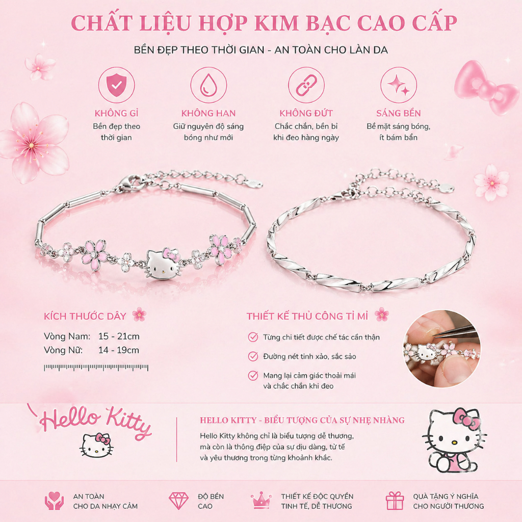 Lắc tay đôi Hello Kitty charm đính đá, vòng tay uyên ương Imoon hình Kitty đá hoa hồng