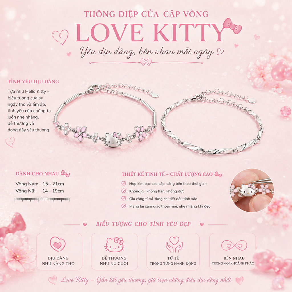 Lắc tay đôi Hello Kitty charm đính đá, vòng tay uyên ương Imoon hình Kitty đá hoa hồng