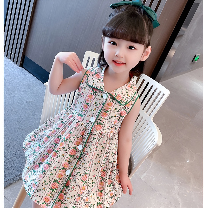 Váy Cho Bé Gái, Váy Sát Nách  Có Cổ Cho Bé Gái Thiết Kế Hoa Nhí Chất Liệu Cotton Thoáng Mát