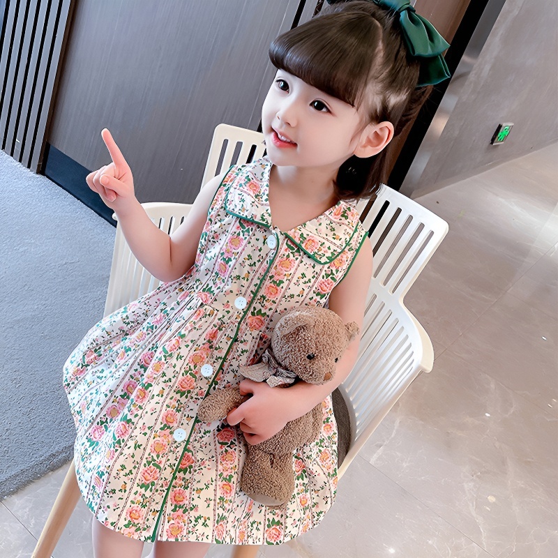 Váy Cho Bé Gái, Váy Sát Nách  Có Cổ Cho Bé Gái Thiết Kế Hoa Nhí Chất Liệu Cotton Thoáng Mát