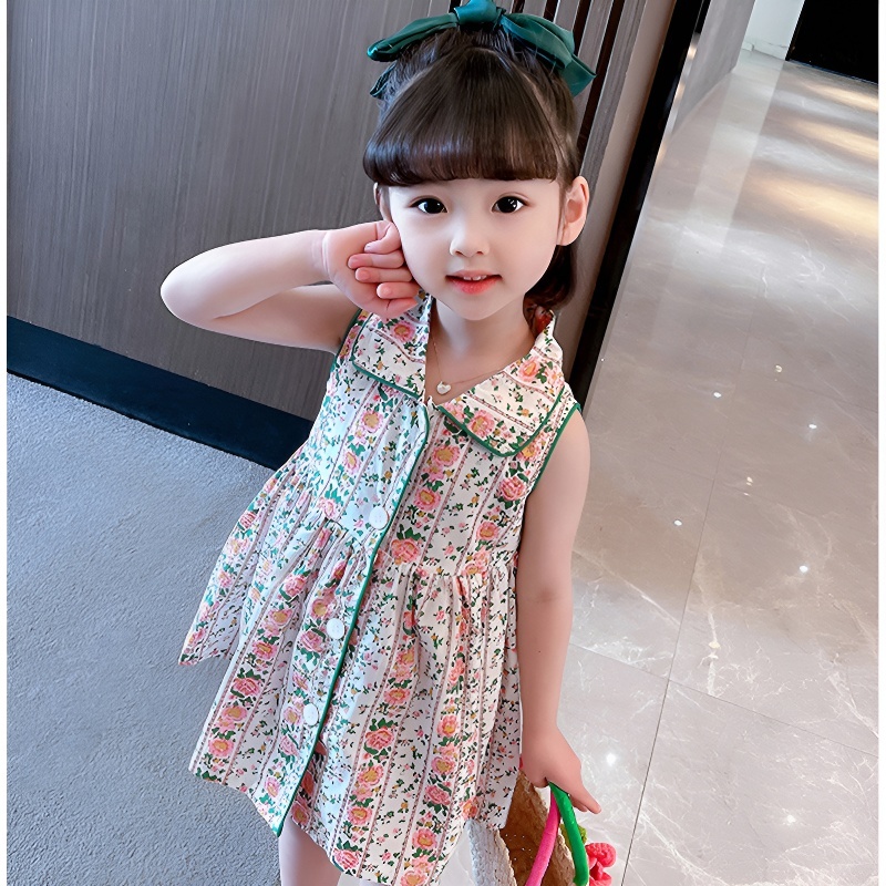 Váy Cho Bé Gái, Váy Sát Nách  Có Cổ Cho Bé Gái Thiết Kế Hoa Nhí Chất Liệu Cotton Thoáng Mát
