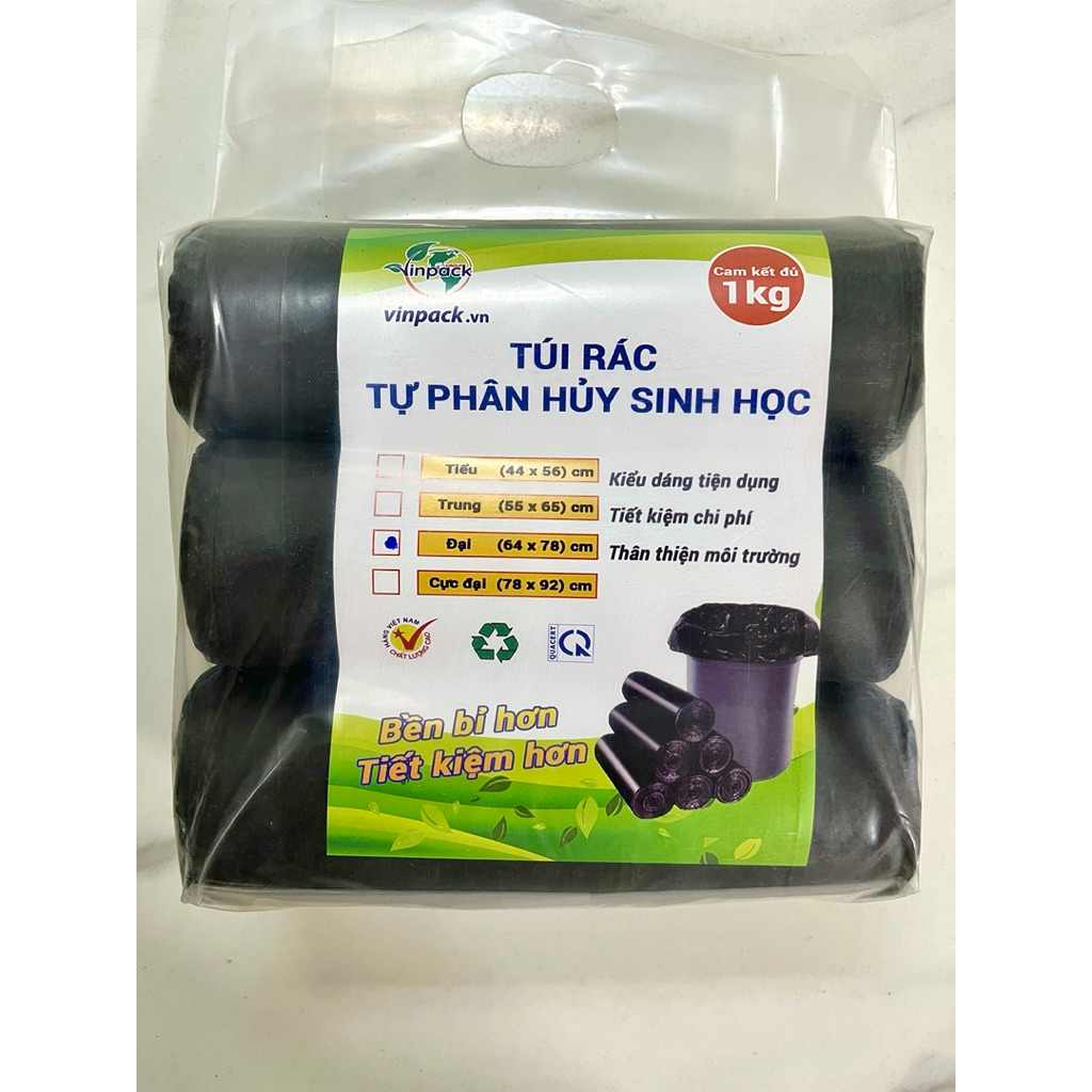 Túi Rác Tự Phân Hủy Sinh Học Vinpack 1kg – Size Tiểu/Trung/Đại – Dày Bền, Thân Thiện Môi Trường