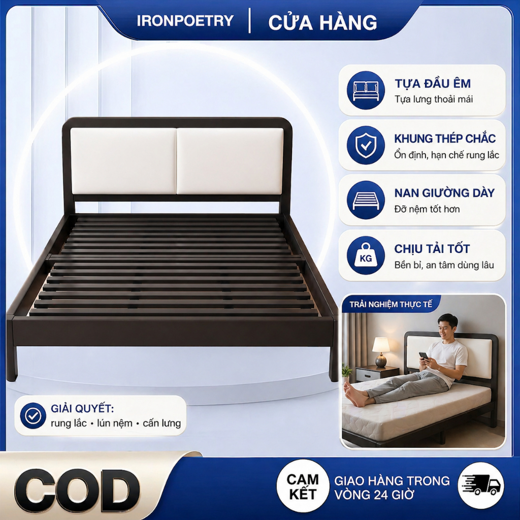 IRONPO Phiên bản nâng cấp Lượng Cao Giường Sắt Với Thanh Đỡ Bằng Thép 1m6x2m chắc chắn