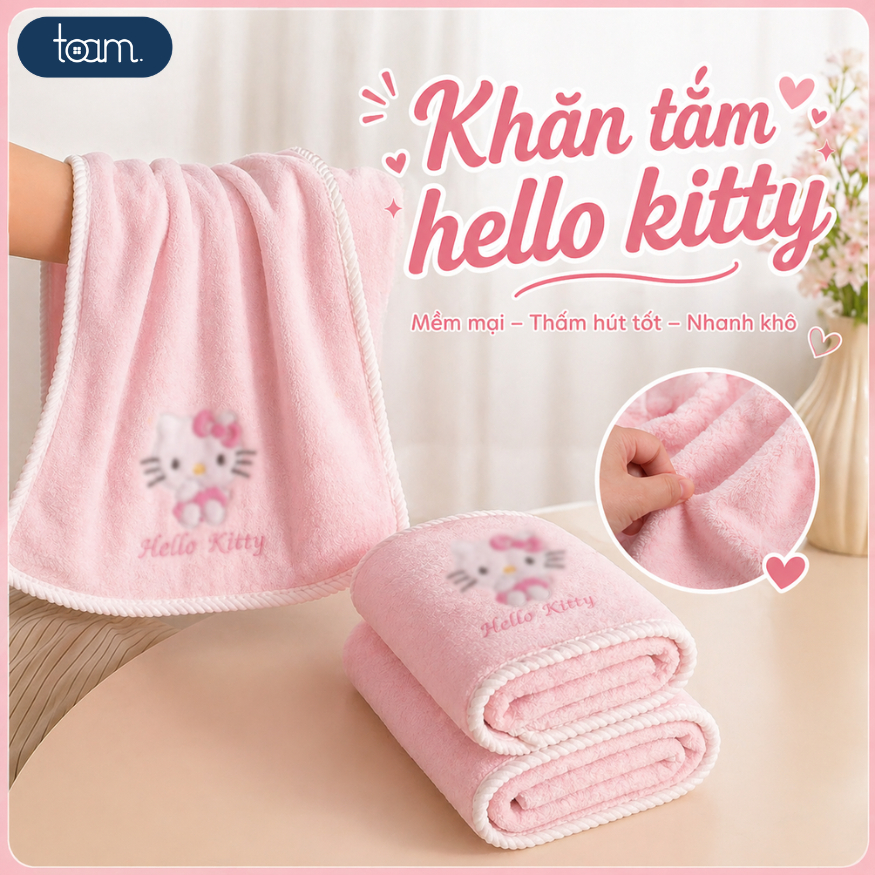 Khăn Tắm Kitty Lông Cừu San Hô Mềm Mại Thấm Hút Nước, Combo Khăn Tắm - Khăn Mặt - Mũ Quấn Tóc