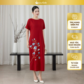 SWANLAKE | Váy Đầm Nữ Maxi Suông Tay Ngắn Cổ Tròn Vải Linen Thêu Hoa Có Túi Xẻ Tà Công Sở D13610