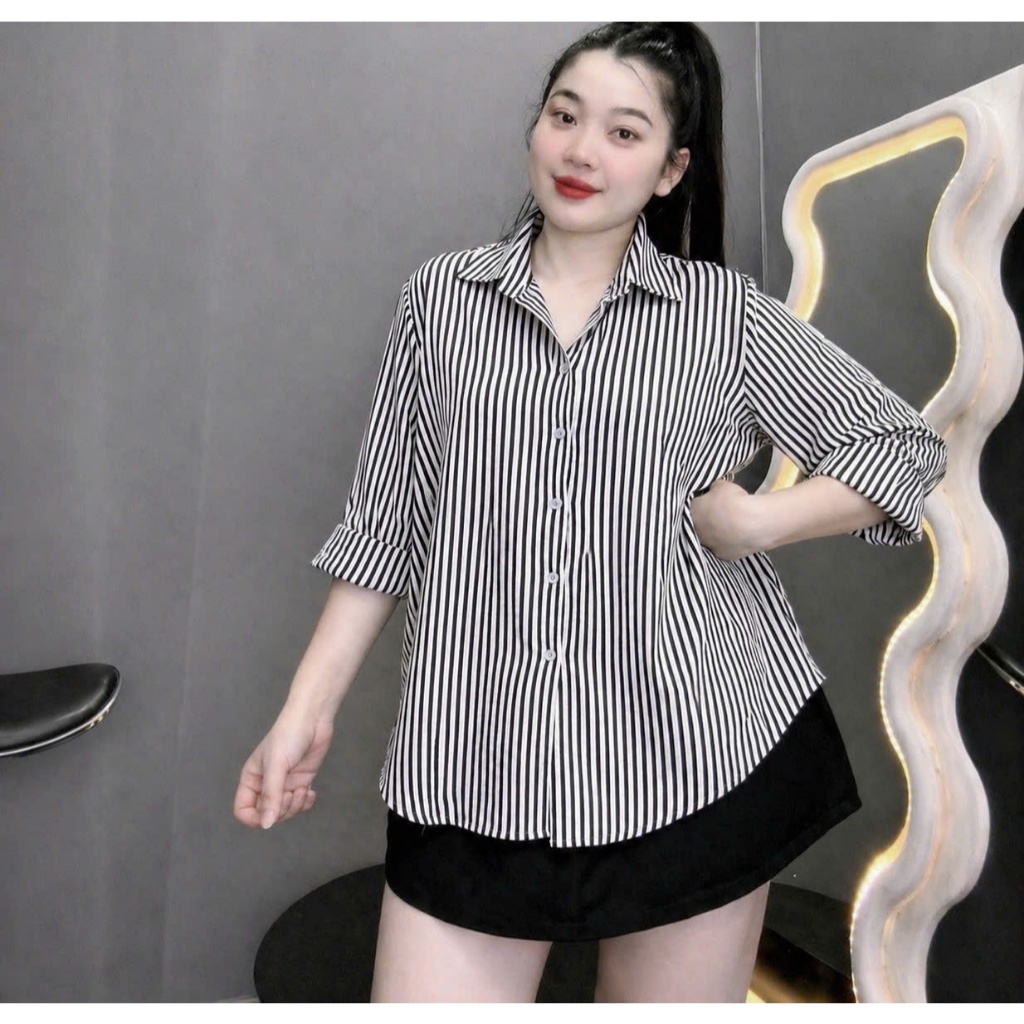 Áo Sơ Mi Bigsize Nữ Sọc Dọc Form Rộng Tay Dài Cổ Bẻ Thanh Lịch 58-95kg A196