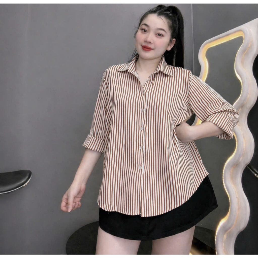 Áo Sơ Mi Bigsize Nữ Sọc Dọc Form Rộng Tay Dài Cổ Bẻ Thanh Lịch 58-95kg A196