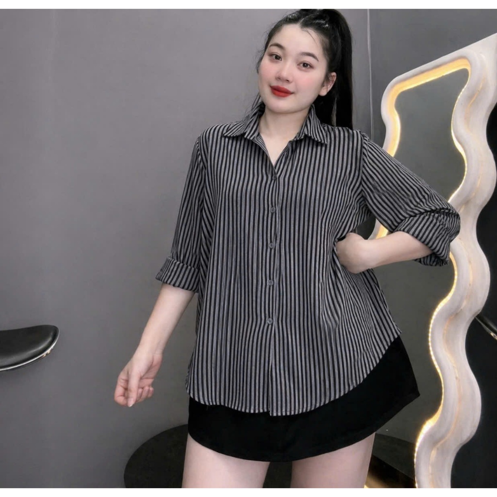 Áo Sơ Mi Bigsize Nữ Sọc Dọc Form Rộng Tay Dài Cổ Bẻ Thanh Lịch 58-95kg A196