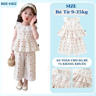 Set Bộ Bé Gái, Đồ Bộ Bé Gái Áo Cổ Bèo Kèm Quần Ống Suông Chất Liệu Cotton Mềm Mại