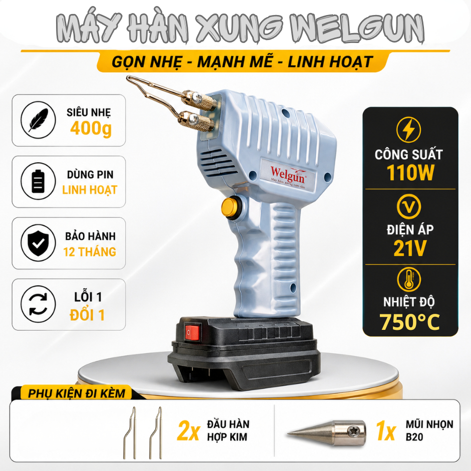 Mỏ hàn xung Welgun 110W, WS-1110 dùng Pin, nặng 350g