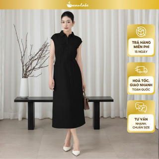 SWANLAKE | Váy Đầm Nữ Suông Vải Linen Cổ Sơ Mi Cài Nút Tay Hến Có Túi Dây Thắt Eo Công Sở D13644