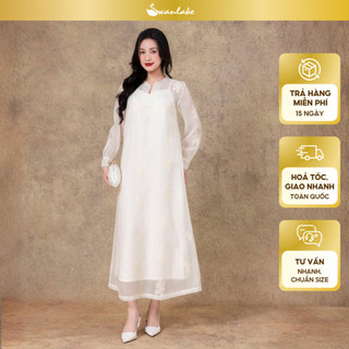 SWANLAKE | Váy Đầm Nữ Suông Maxi Vải Tơ Lót Lụa Thêu Hoa Cao Cấp Tay Dài Cổ Chữ V Đi Tiệc D13285