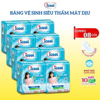 Băng vệ sinh ICOOL Xanh Siêu Thấm 10 miếng 3 in1 BVS Mặt Lưới Mát Dịu, Có Cánh, Khử Mùi, Kháng Khuẩn