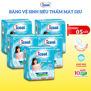 Băng vệ sinh ICOOL Xanh Siêu Thấm 10 miếng 3 in1 BVS Mặt Lưới Mát Dịu, Có Cánh, Khử Mùi, Kháng Khuẩn